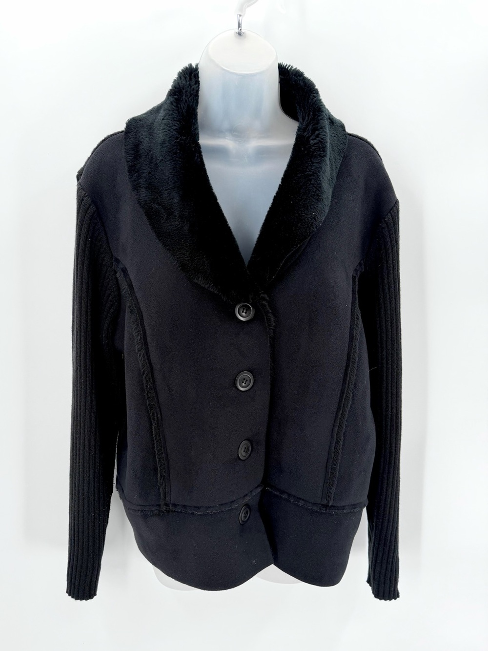 Emma James Jacket Women Petite XL Black Button Front Faux Suede Knit Top Elegant